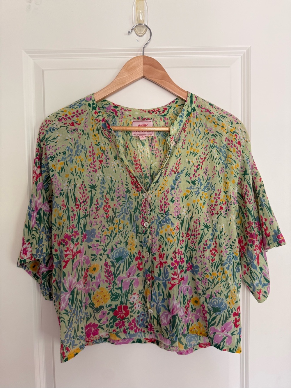 Banjanan Floral Button-Front Short Sleeve Top in Dawn Chorus Pistachio Green